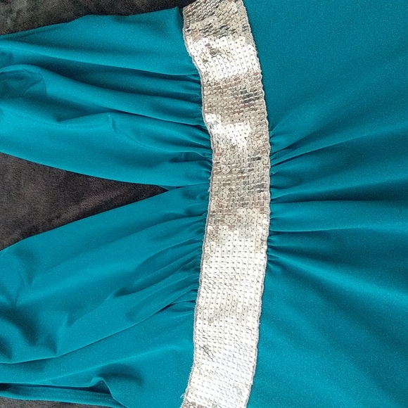 Deep V Teal Sequined Flowy Stretch Dress - Picture 3 of 13